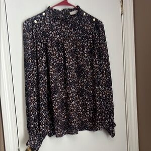 LOFT blue and White Ruffled Blouse with Mandarin Collar